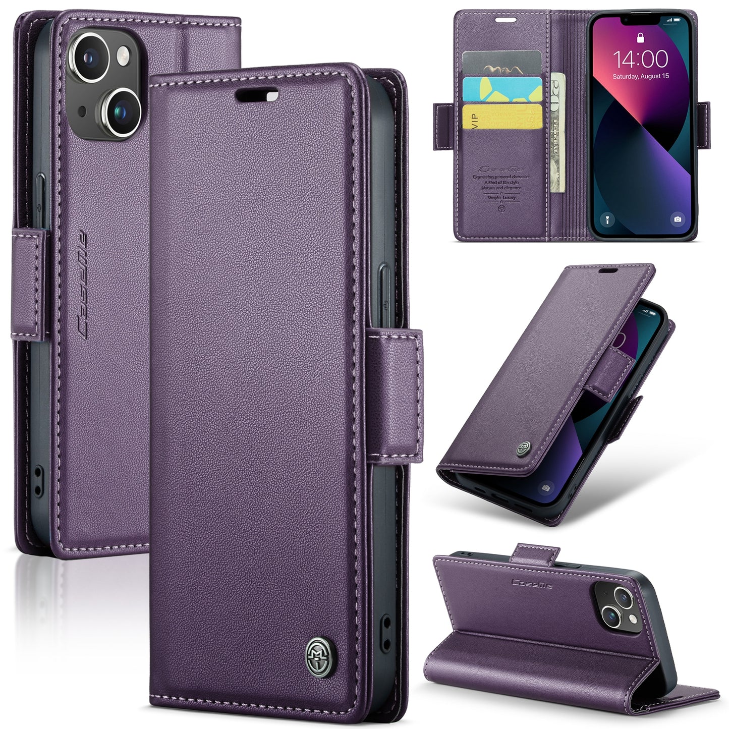iPhone 14 Plus Leather Wallet Case - RFID Blocking, Stand Function, Card Slots