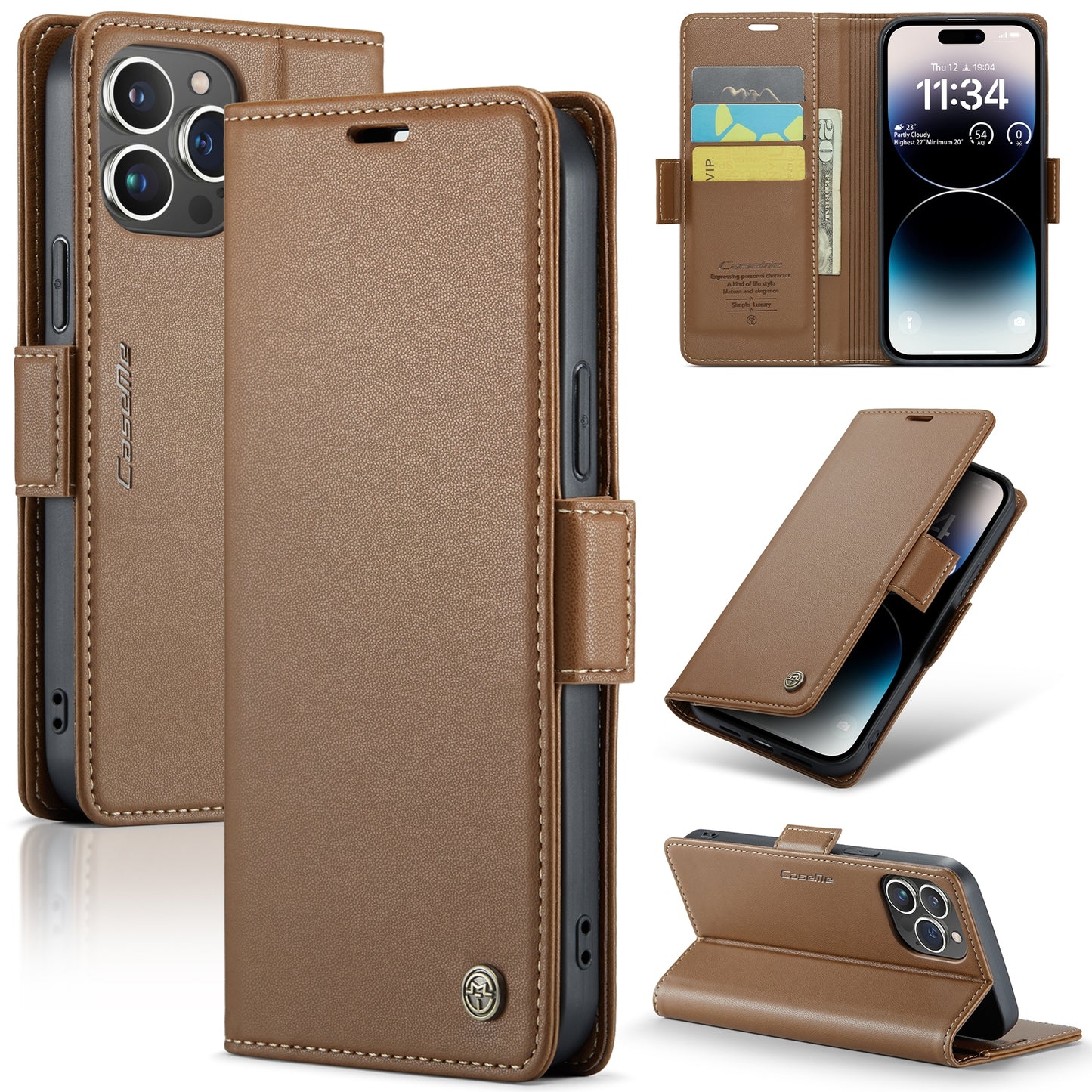 iPhone 14 Pro Leather Wallet Case - RFID Blocking, Stand Function, Card Slots