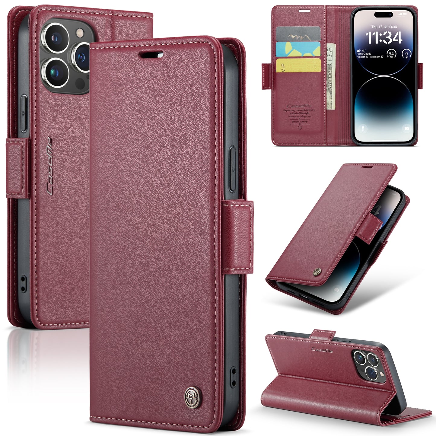 iPhone 14 Pro Leather Wallet Case - RFID Blocking, Stand Function, Card Slots