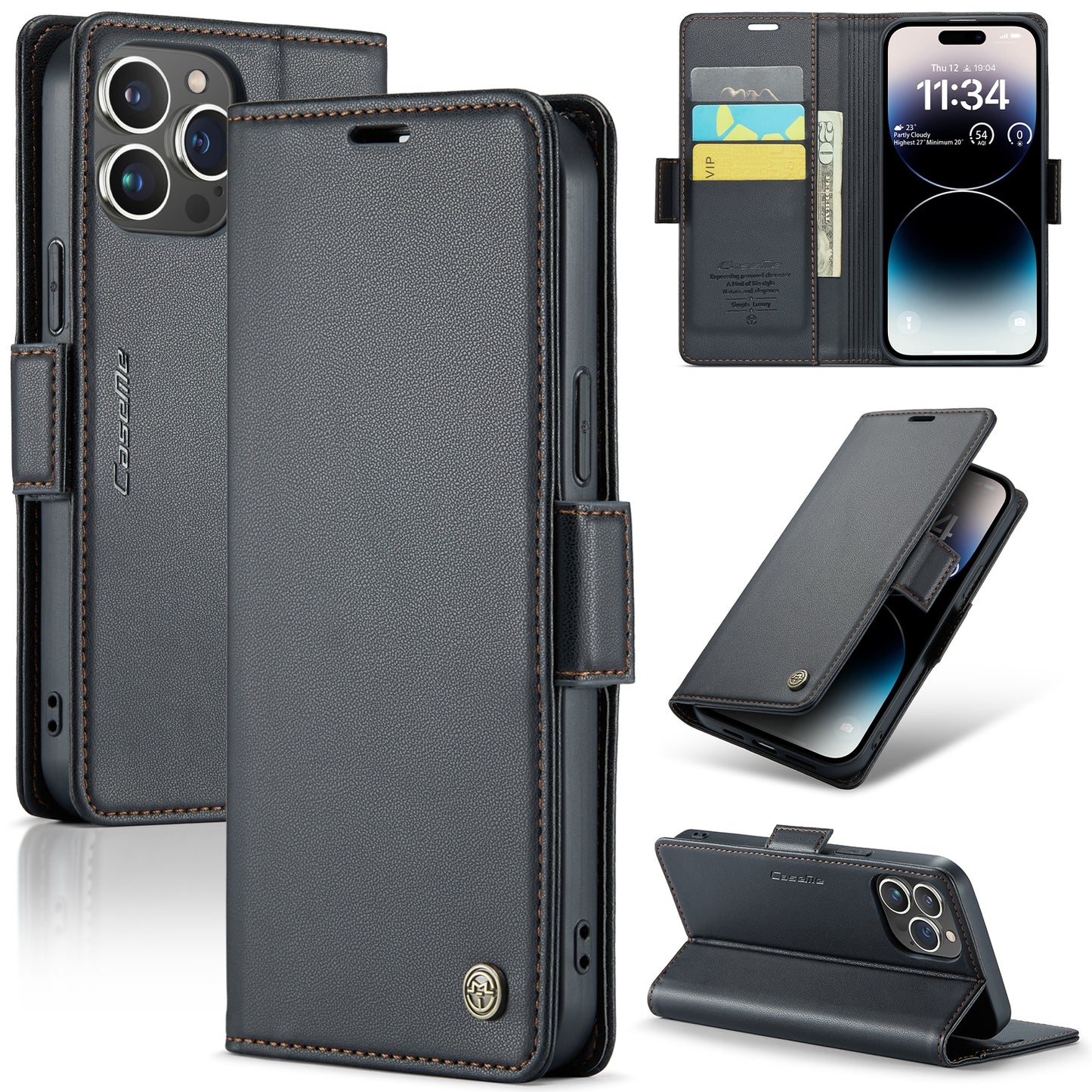 iPhone 14 Pro Max Leather Wallet Case - RFID Blocking, Stand Function, Card Slots