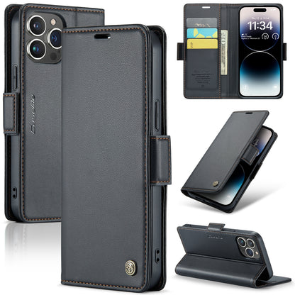 iPhone 14 Pro Max Leather Wallet Case - RFID Blocking, Stand Function, Card Slots