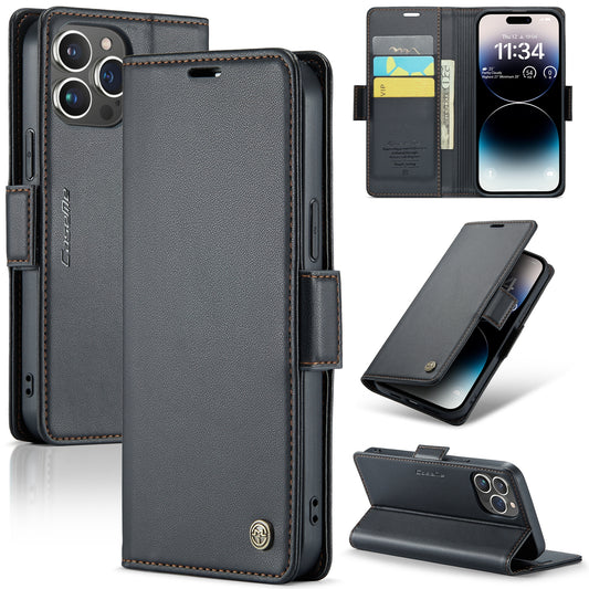 iPhone 14 Pro Max Leather Wallet Case - RFID Blocking, Stand Function, Card Slots