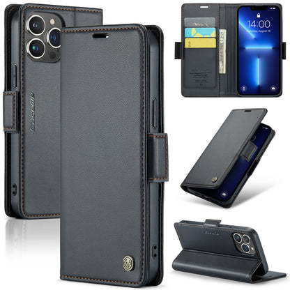 iPhone 13 Pro Max Leather Wallet Case - RFID Blocking, Stand Function, Card Slots