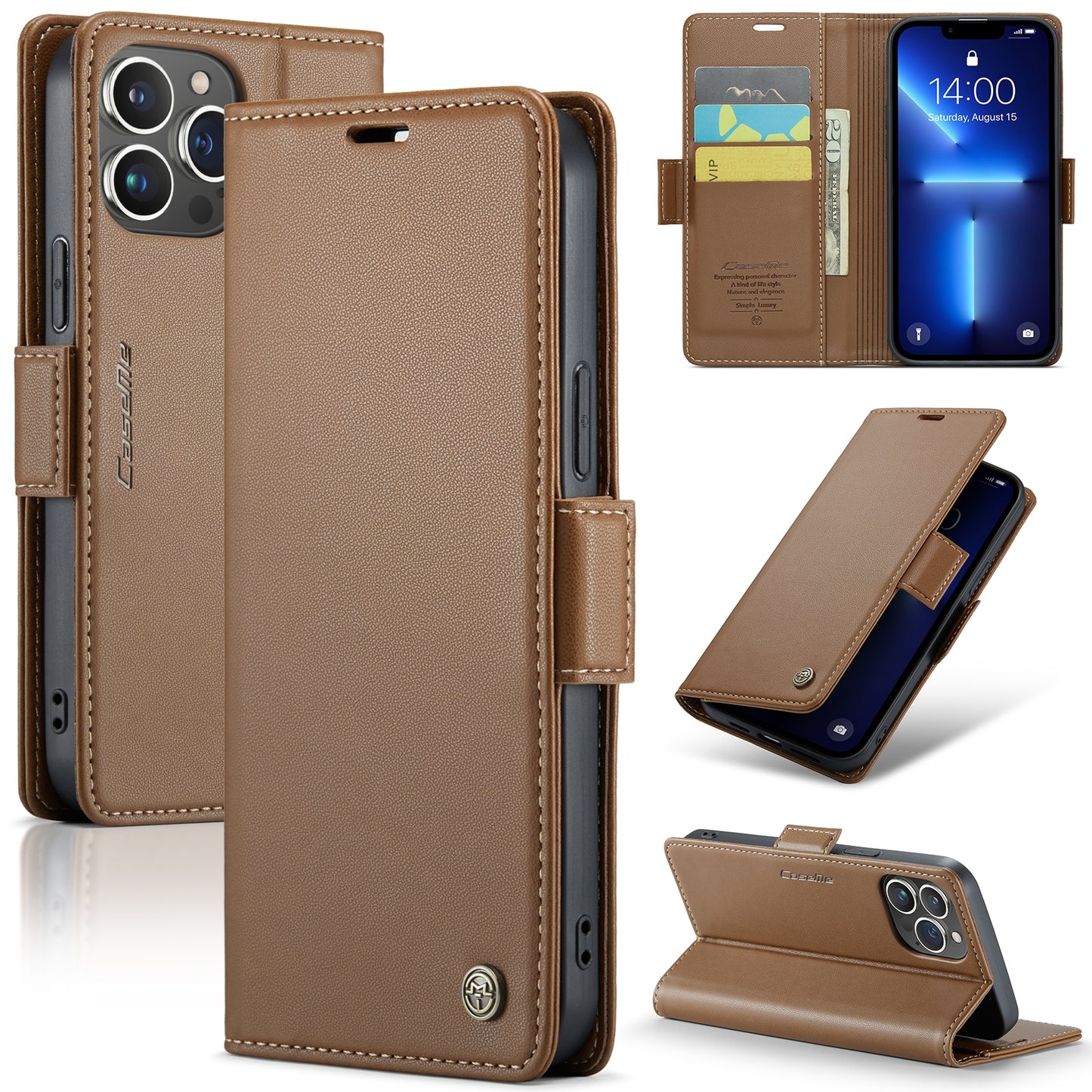 iPhone 13 Pro Max Leather Wallet Case - RFID Blocking, Stand Function, Card Slots