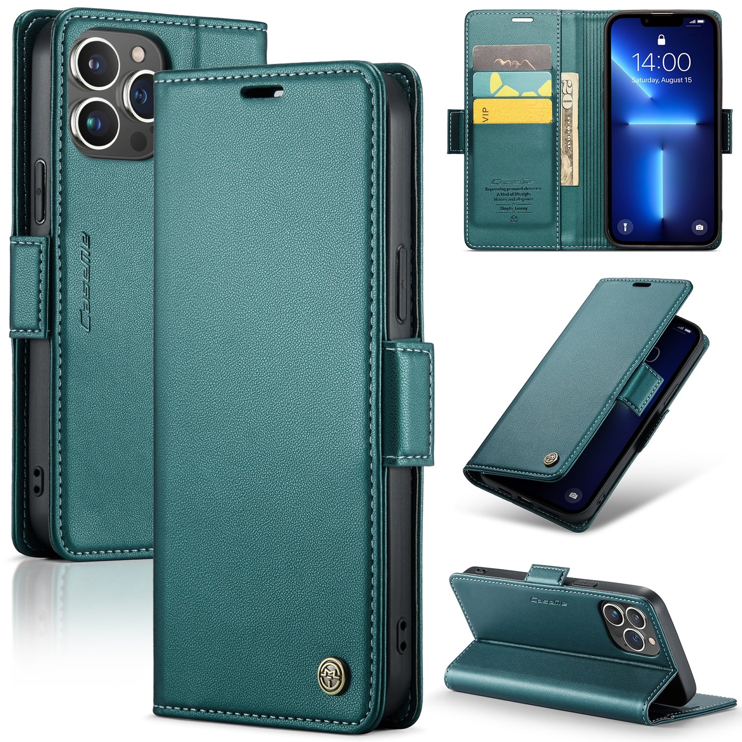 iPhone 13 Pro Max Leather Wallet Case - RFID Blocking, Stand Function, Card Slots