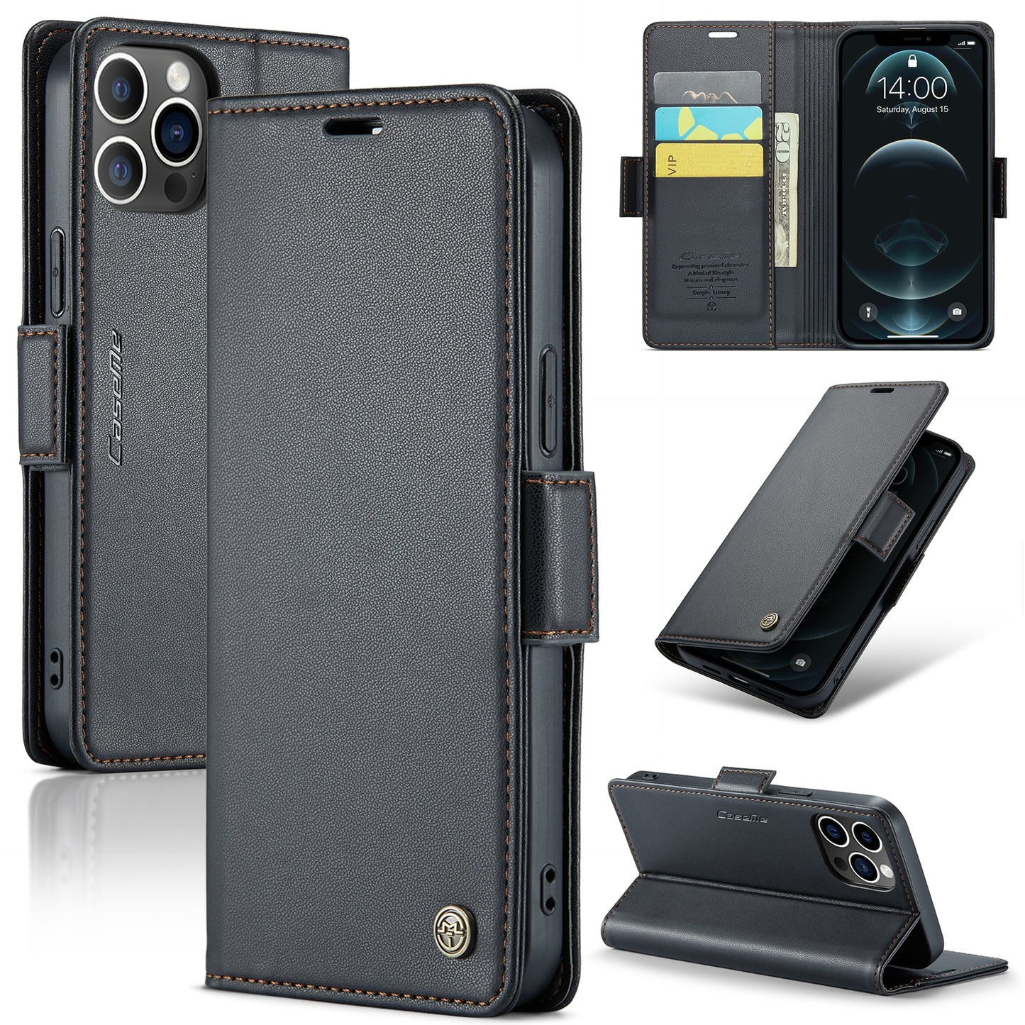 iPhone 12 Pro Max Leather Wallet Case - RFID Blocking, Stand Function, Card Slots