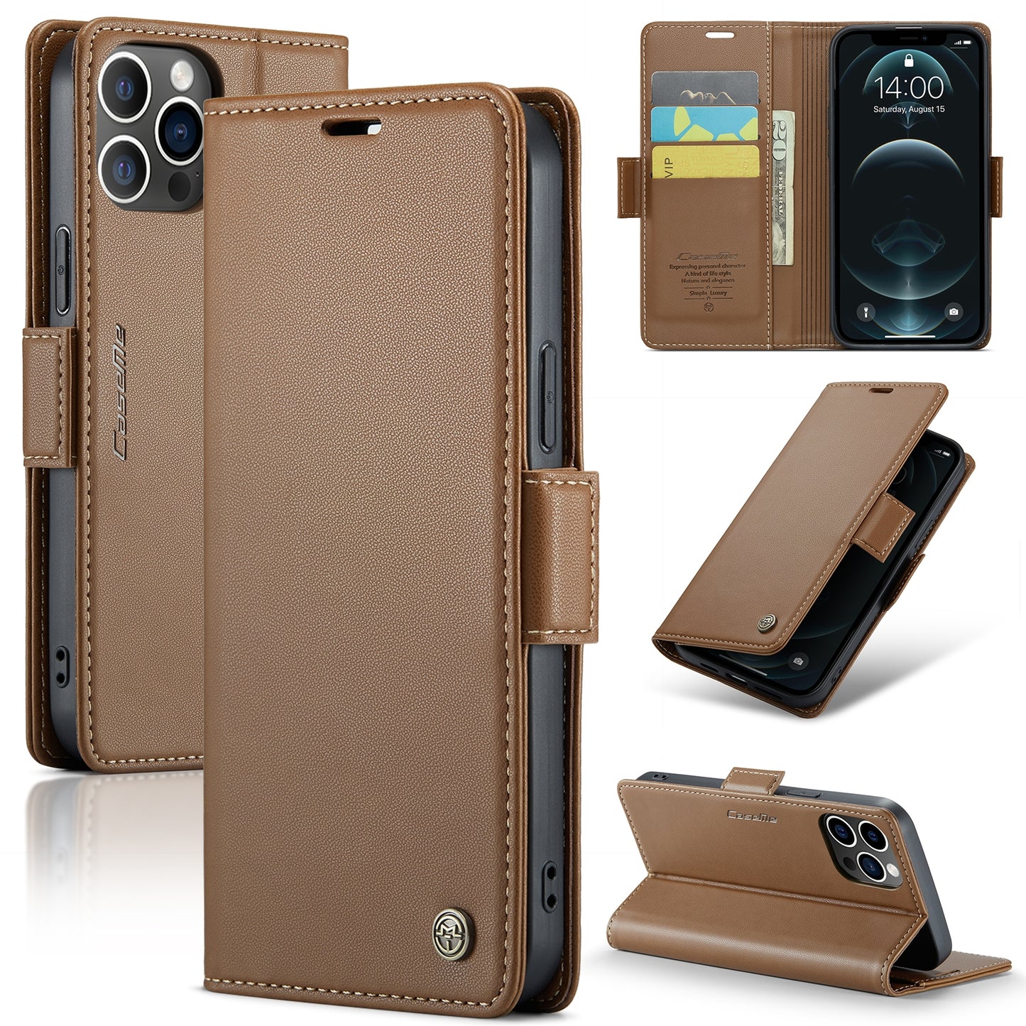 iPhone 12 Pro Max Leather Wallet Case - RFID Blocking, Stand Function, Card Slots