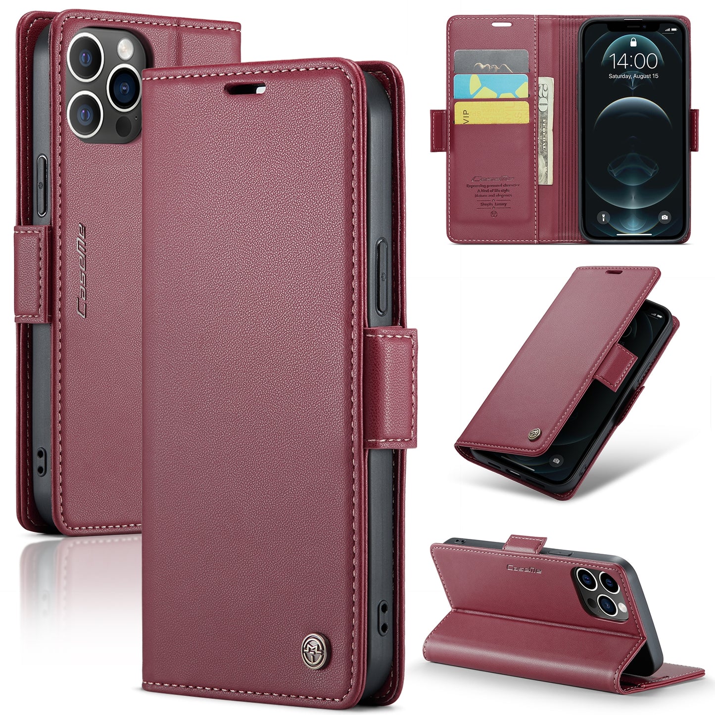 iPhone 12 Pro Max Leather Wallet Case - RFID Blocking, Stand Function, Card Slots