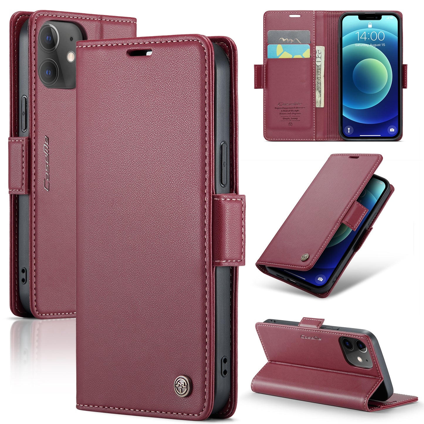 iPhone 12 mini Leather Wallet Case - RFID Blocking, Stand Function, Card Slots