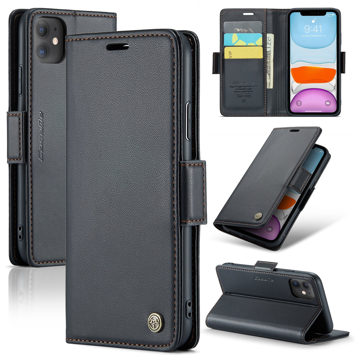 iPhone 11 Leather Wallet Case - RFID Blocking, Stand Function, Card Slots