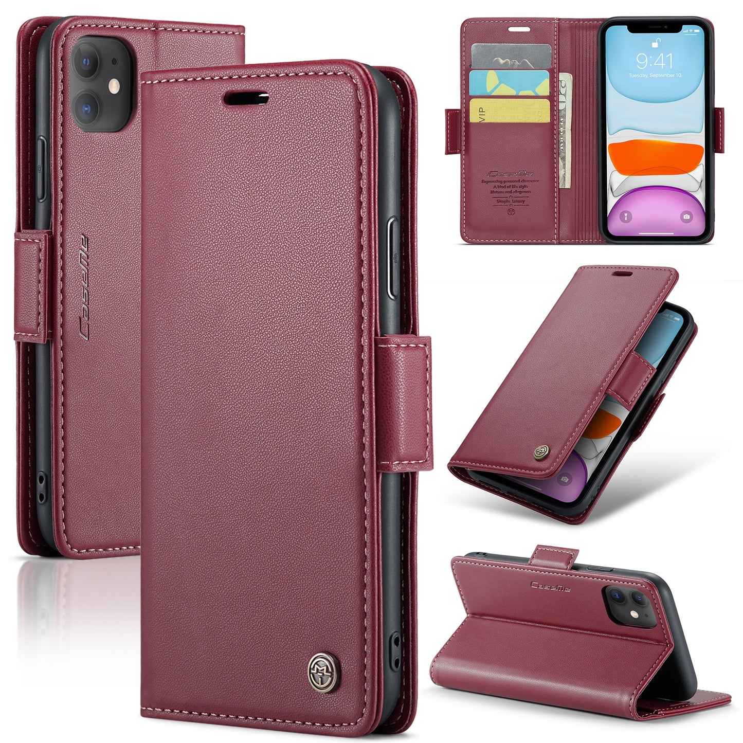 iPhone 11 Leather Wallet Case - RFID Blocking, Stand Function, Card Slots