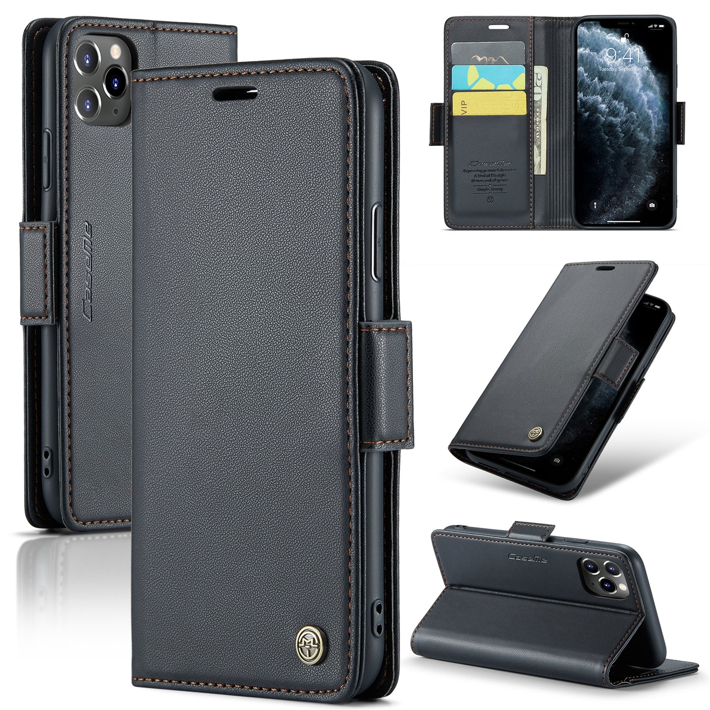 iPhone 11 Pro Max Leather Wallet Case - RFID Blocking, Stand Function, Card Slots