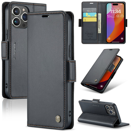 iPhone 15 Pro Max Leather Wallet Case - RFID Blocking, Stand Function, Card Slots