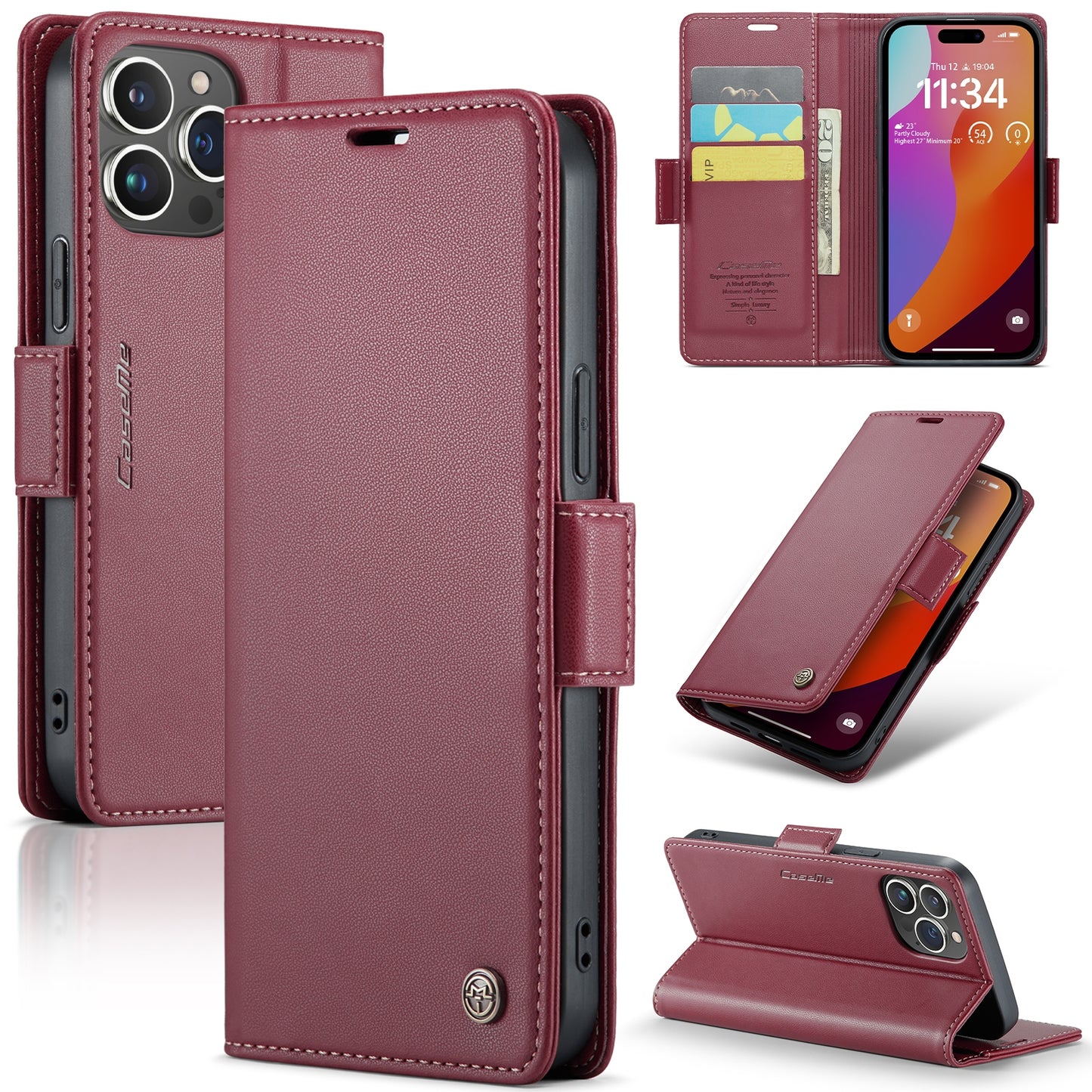 iPhone 15 Pro Max Leather Wallet Case - RFID Blocking, Stand Function, Card Slots