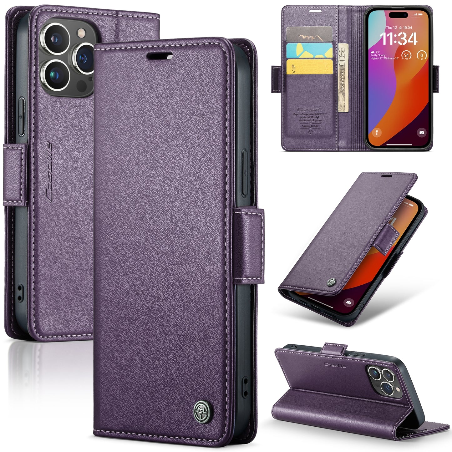 iPhone 15 Pro Max Leather Wallet Case - RFID Blocking, Stand Function, Card Slots