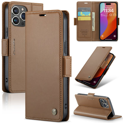 iPhone 15 Pro Leather Wallet Case - RFID Blocking, Stand Function, Card Slots