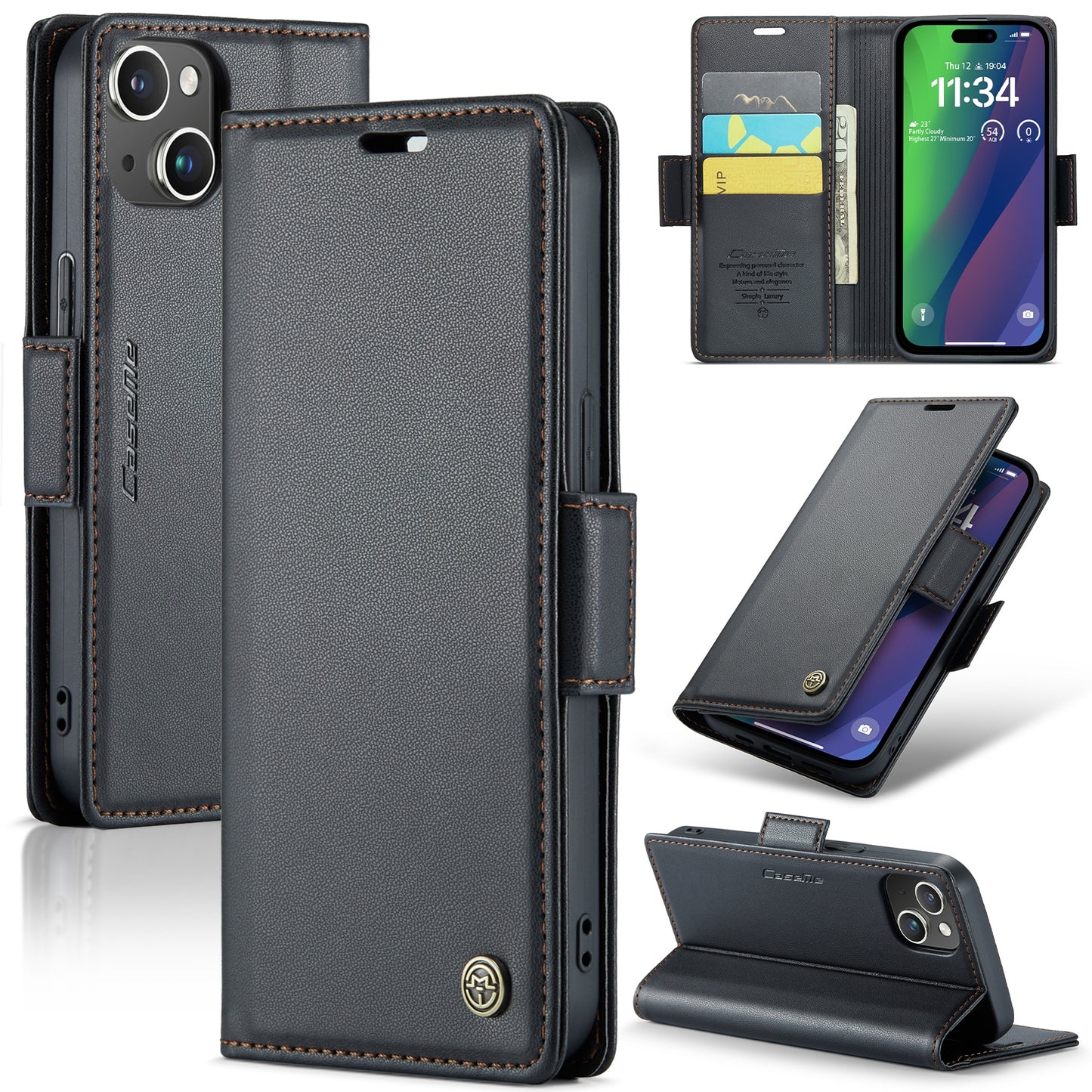 iPhone 15 Leather Wallet Case - RFID Blocking, Stand Function, Card Slots