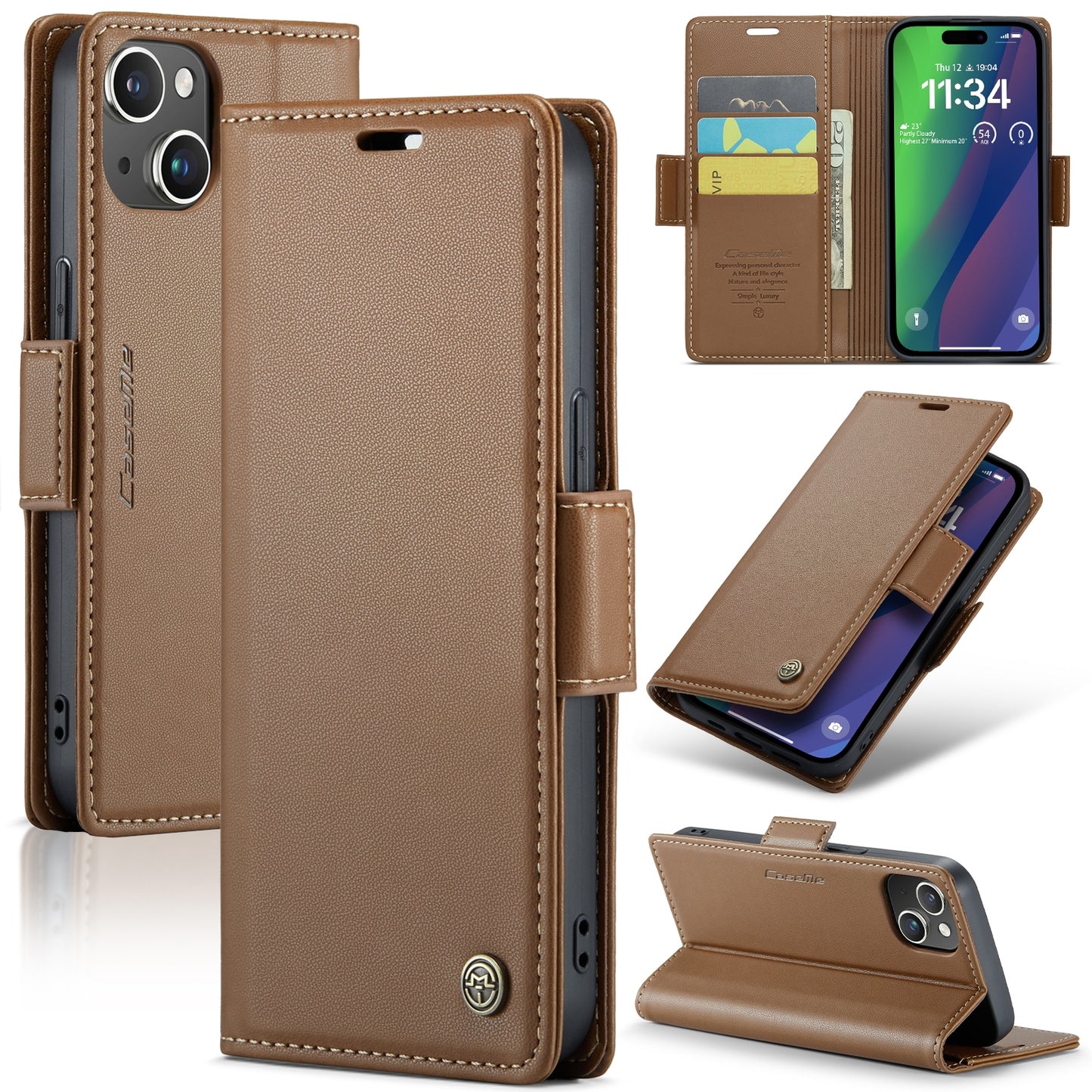 iPhone 15 Leather Wallet Case - RFID Blocking, Stand Function, Card Slots