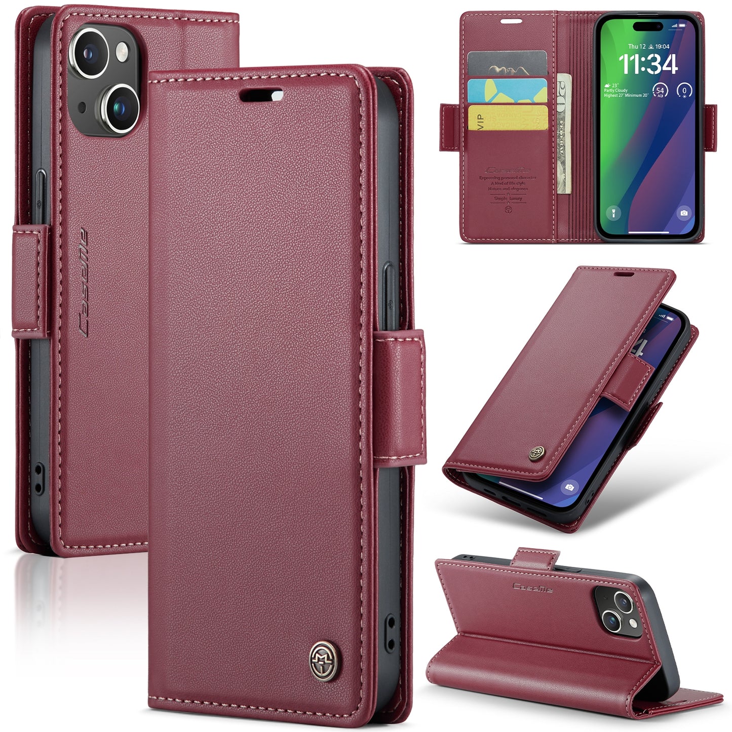 iPhone 15 Leather Wallet Case - RFID Blocking, Stand Function, Card Slots