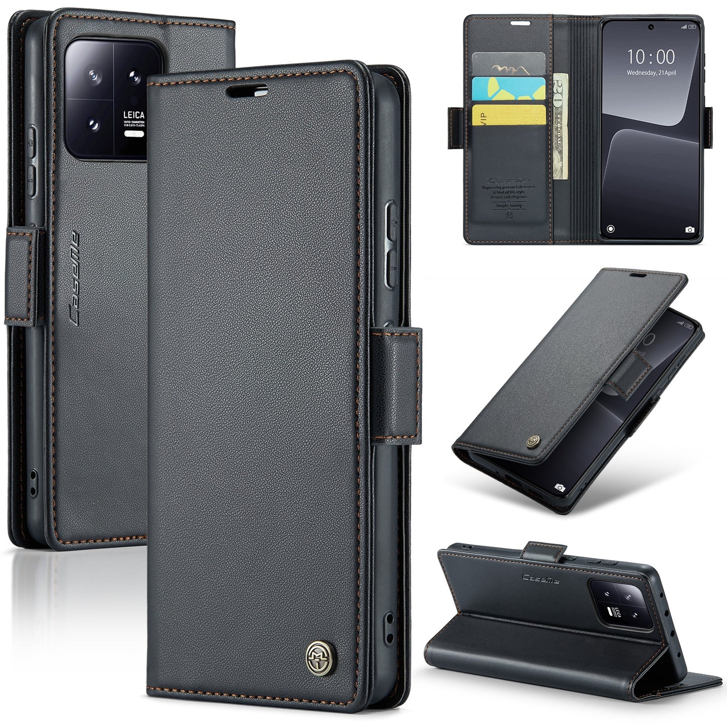 Xiaomi 13 Leather Wallet Case - RFID Blocking, Stand Function, Card Slots