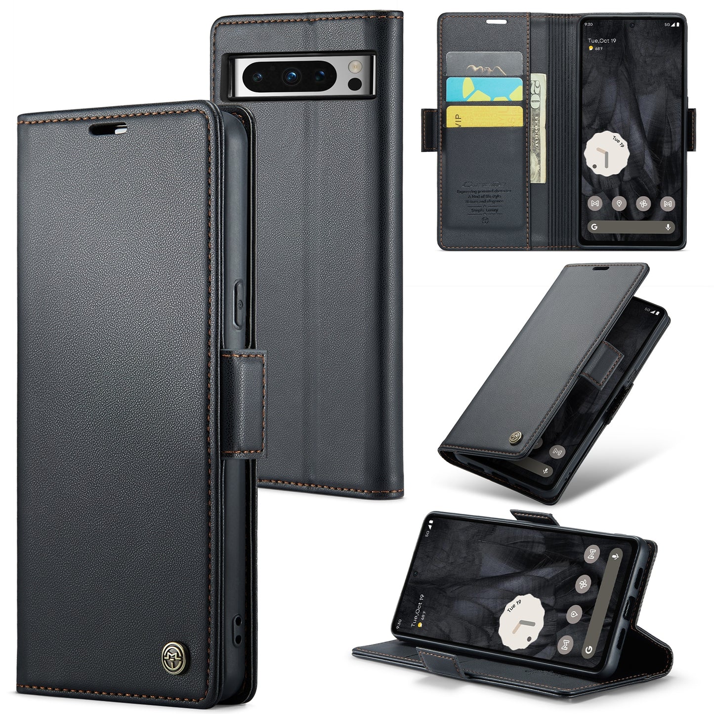 Google Pixel 8 Pro Leather Wallet Case - RFID Blocking, Stand Function, Card Slots