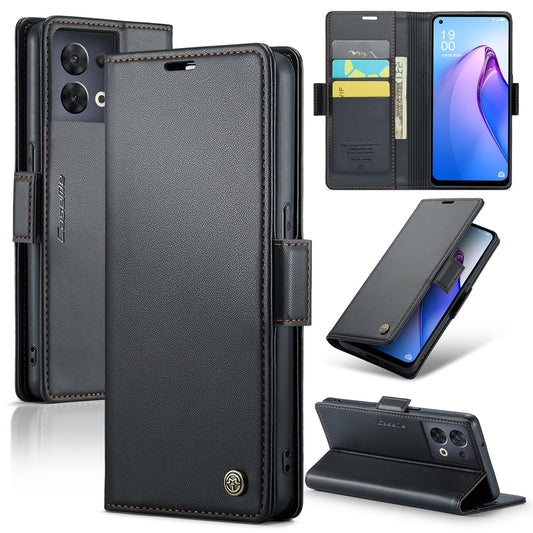 OPPO Reno8 5G Global Leather Wallet Case - RFID Blocking, Stand Function, Card Slots
