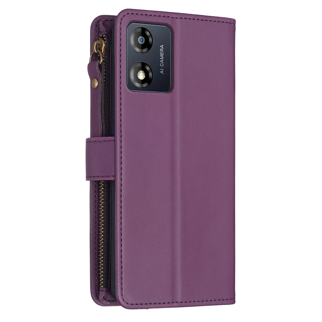 Motorola Moto E13 4G Leather Flip Wallet Phone Case with 9 Card Slots, Zipper Compartment, and Adjustable Stand