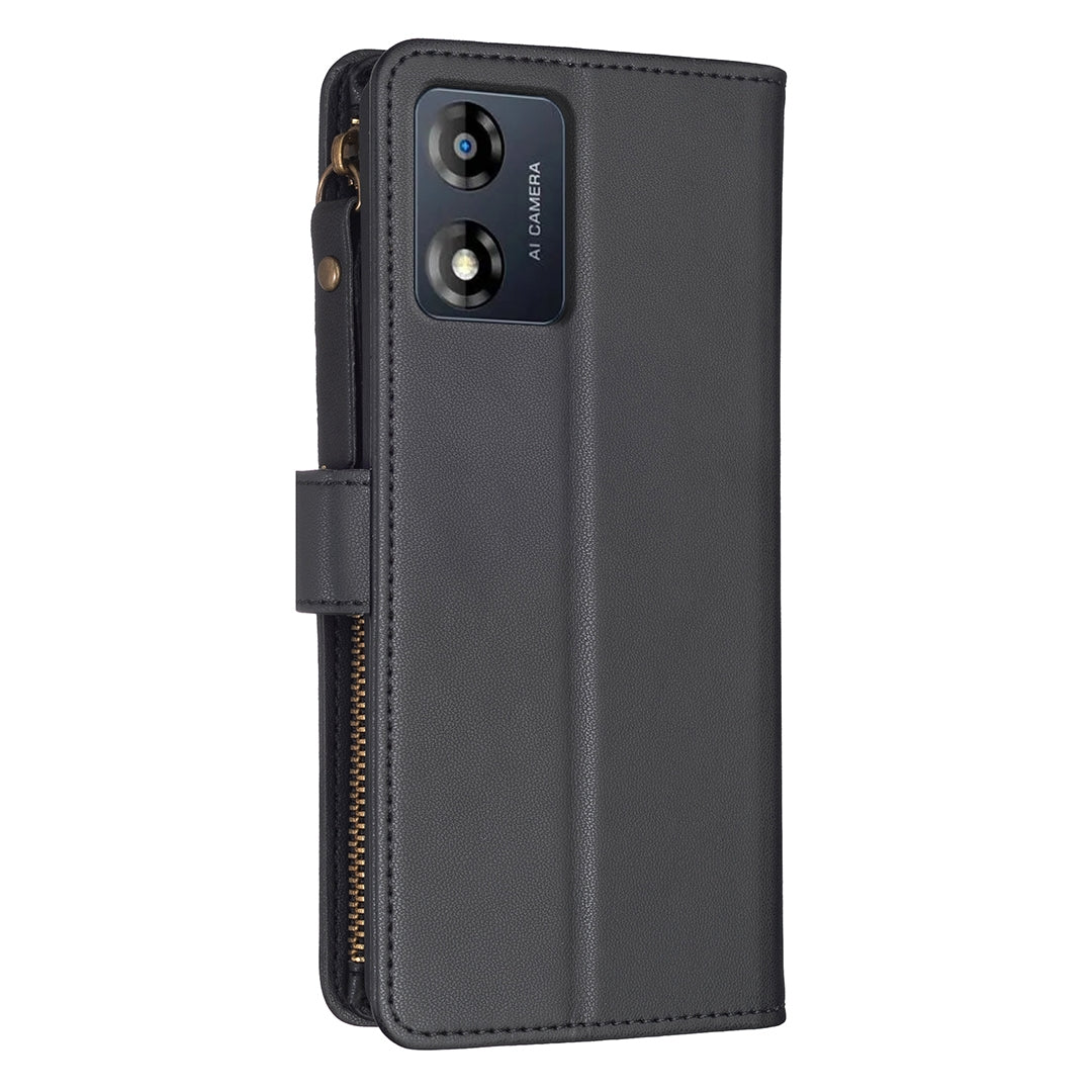 Motorola Moto E13 4G Leather Flip Wallet Phone Case with 9 Card Slots, Zipper Compartment, and Adjustable Stand