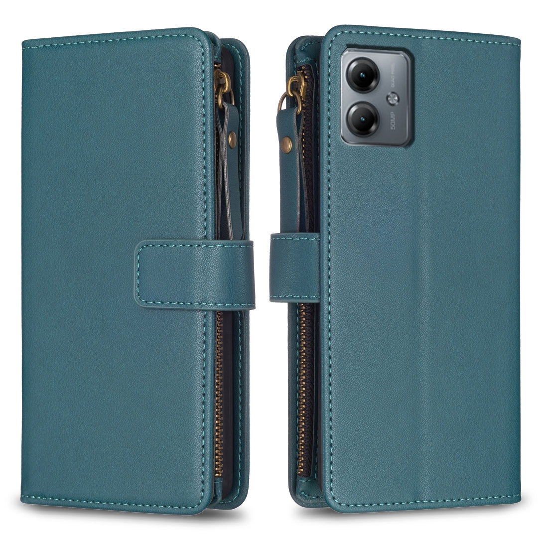Motorola Moto G14 4G Leather Flip Wallet Phone Case with 9 Card Slots, Zipper Compartment, and Adjustable Stand