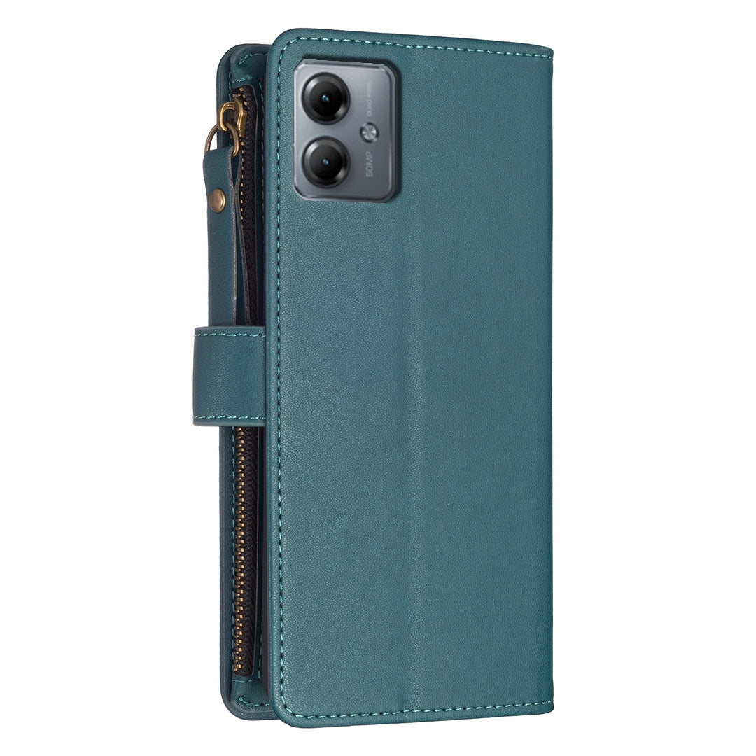 Motorola Moto G14 4G Leather Flip Wallet Phone Case with 9 Card Slots, Zipper Compartment, and Adjustable Stand