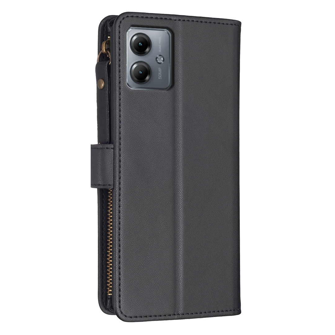Motorola Moto G14 4G Leather Flip Wallet Phone Case with 9 Card Slots, Zipper Compartment, and Adjustable Stand