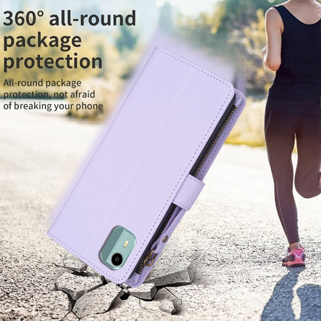 Nokia C12 Leather Flip Wallet Phone Case with 9 Card Slots, Zipper Compartment, and Adjustable Stand