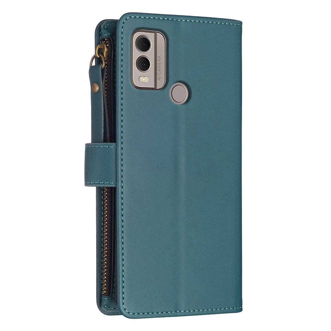 Nokia C22 Leather Flip Wallet Phone Case with 9 Card Slots, Zipper Compartment, and Adjustable Stand