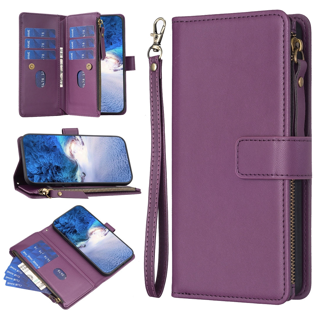 Nokia C22 Leather Flip Wallet Phone Case with 9 Card Slots, Zipper Compartment, and Adjustable Stand