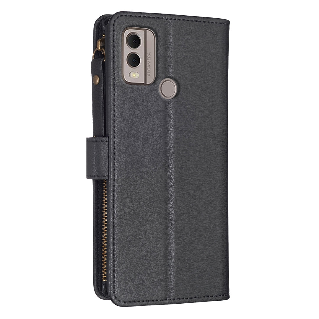 Nokia C22 Leather Flip Wallet Phone Case with 9 Card Slots, Zipper Compartment, and Adjustable Stand