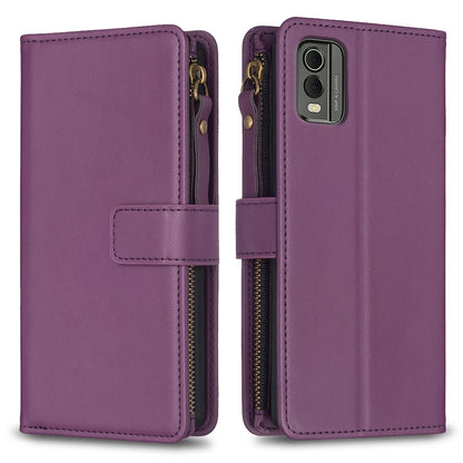 Nokia C32 Leather Flip Wallet Phone Case with 9 Card Slots, Zipper Compartment, and Adjustable Stand