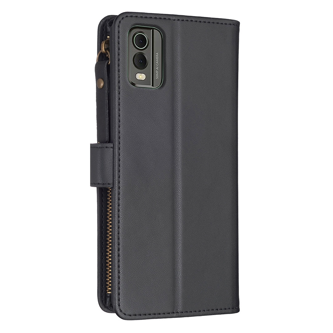 Nokia C32 Leather Flip Wallet Phone Case with 9 Card Slots, Zipper Compartment, and Adjustable Stand