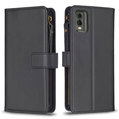 Nokia C32 Leather Flip Wallet Phone Case with 9 Card Slots, Zipper Compartment, and Adjustable Stand