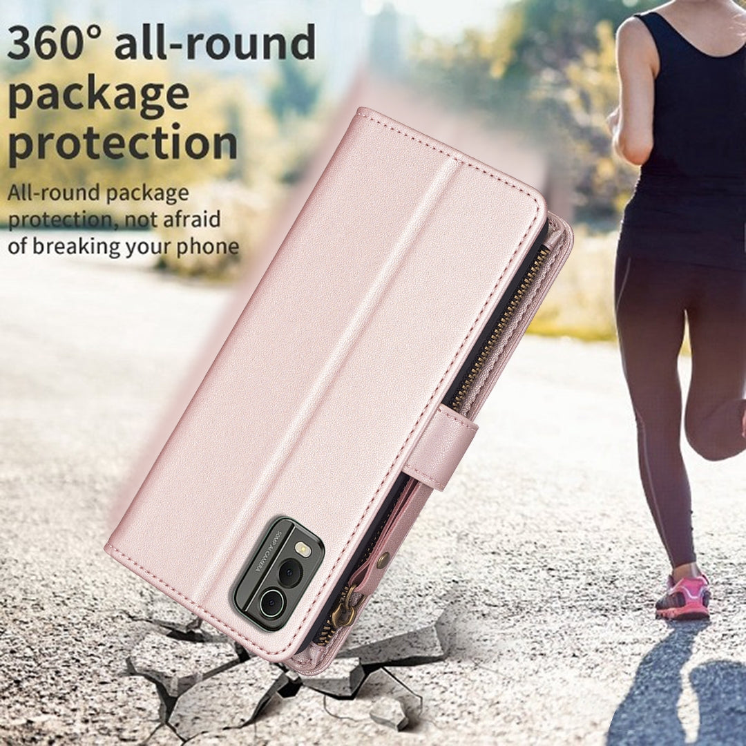 Nokia C32 Leather Flip Wallet Phone Case with 9 Card Slots, Zipper Compartment, and Adjustable Stand