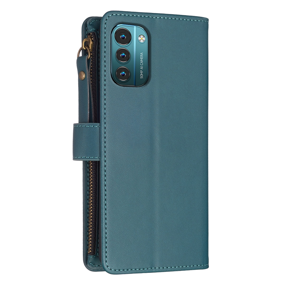 Nokia G21 Leather Flip Wallet Phone Case with 9 Card Slots, Zipper Compartment, and Adjustable Stand