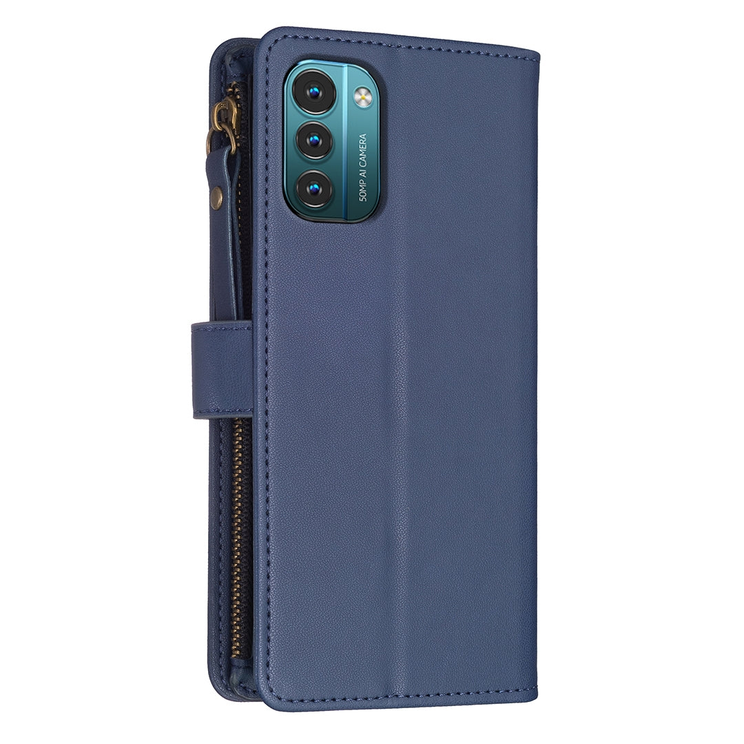 Nokia G21 Leather Flip Wallet Phone Case with 9 Card Slots, Zipper Compartment, and Adjustable Stand