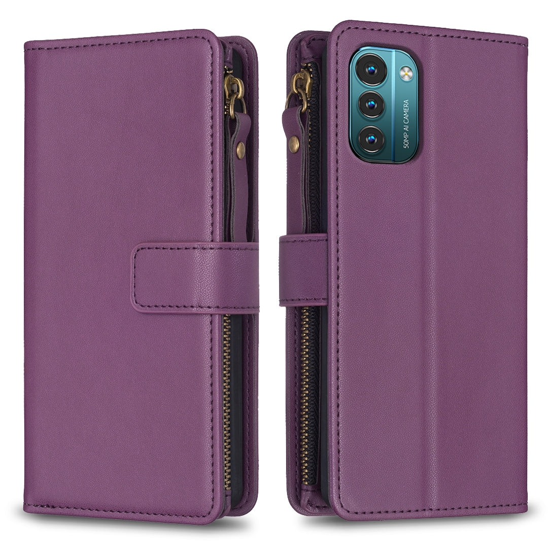 Nokia G21 Leather Flip Wallet Phone Case with 9 Card Slots, Zipper Compartment, and Adjustable Stand