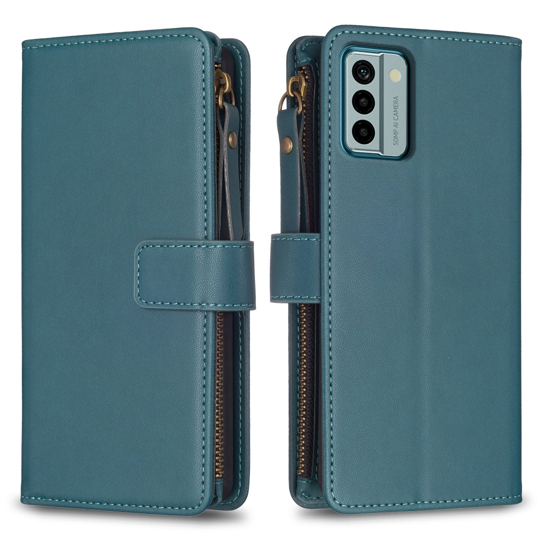 Nokia G22 Leather Flip Wallet Phone Case with 9 Card Slots, Zipper Compartment, and Adjustable Stand