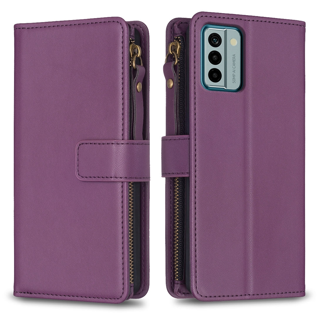 Nokia G22 Leather Flip Wallet Phone Case with 9 Card Slots, Zipper Compartment, and Adjustable Stand