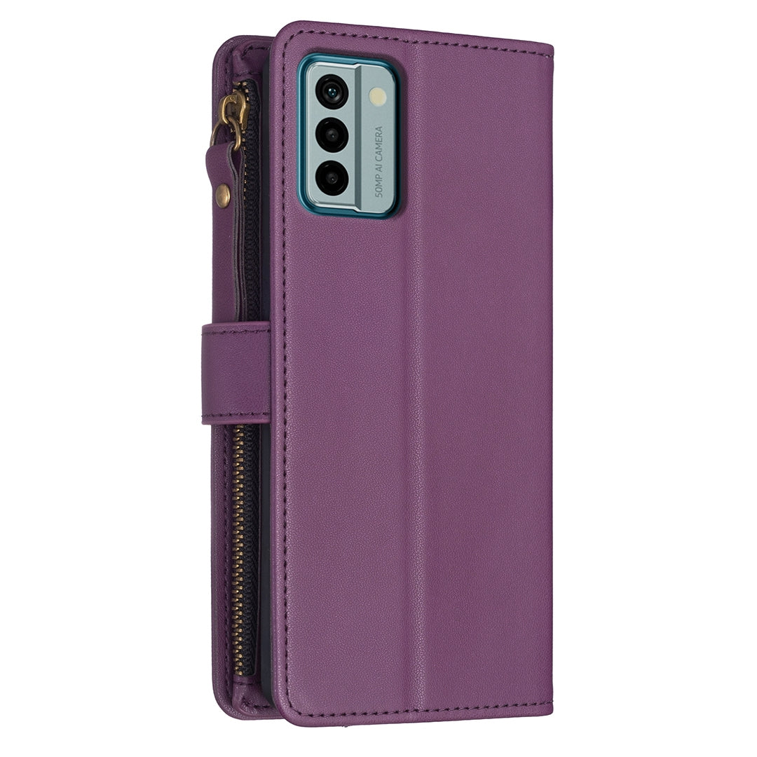 Nokia G22 Leather Flip Wallet Phone Case with 9 Card Slots, Zipper Compartment, and Adjustable Stand
