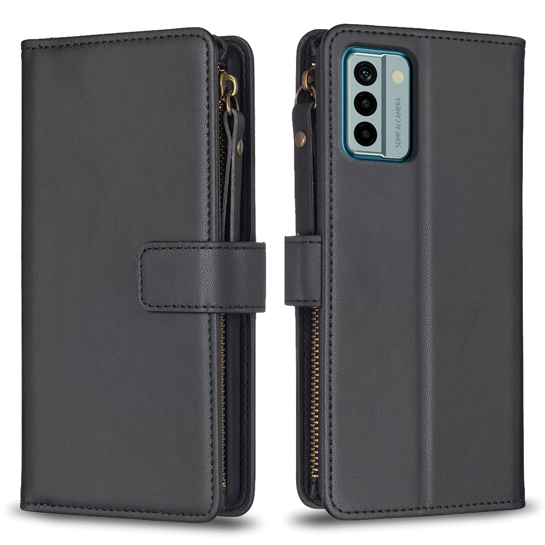 Nokia G22 Leather Flip Wallet Phone Case with 9 Card Slots, Zipper Compartment, and Adjustable Stand