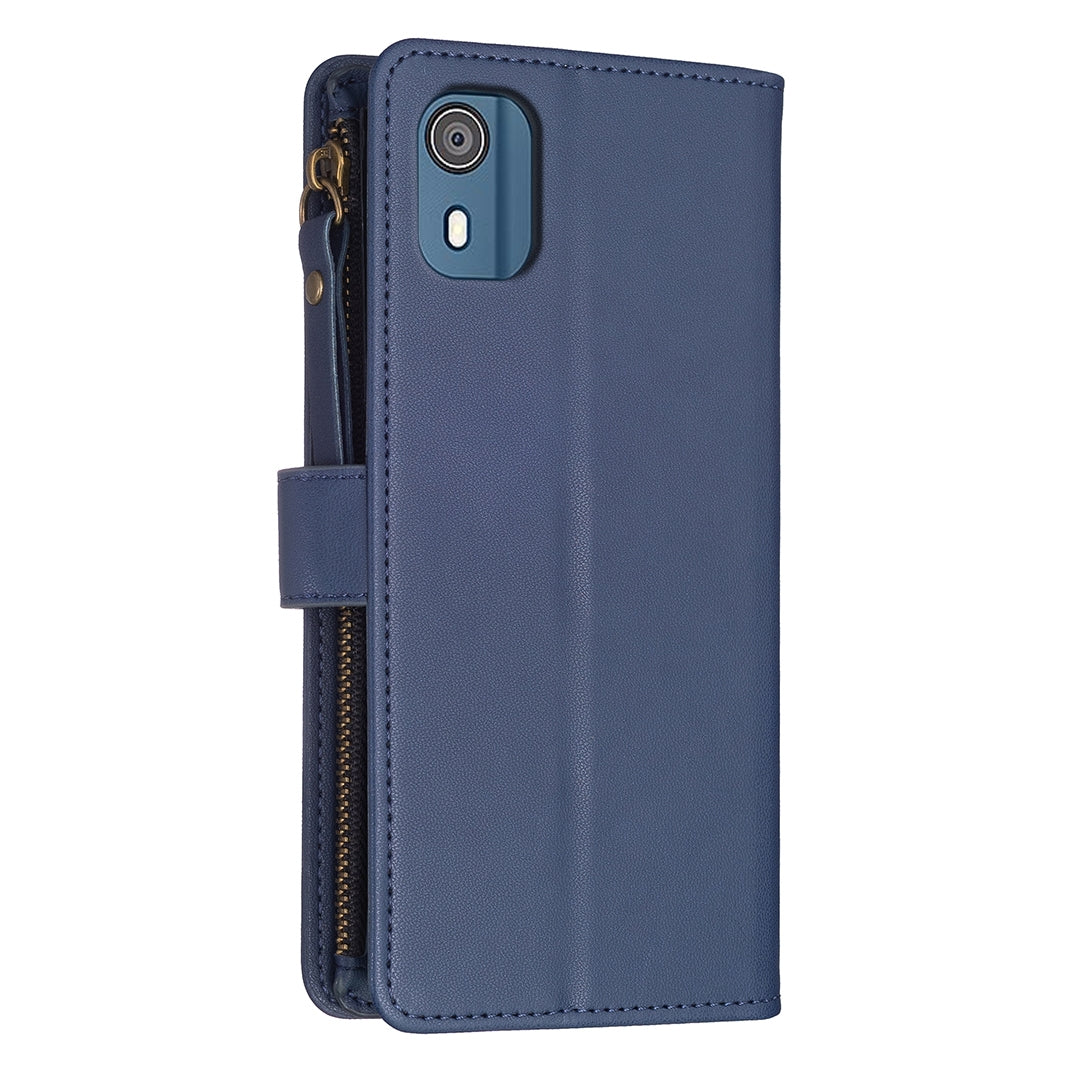 Nokia C02 Leather Flip Wallet Phone Case with 9 Card Slots, Zipper Compartment, and Adjustable Stand