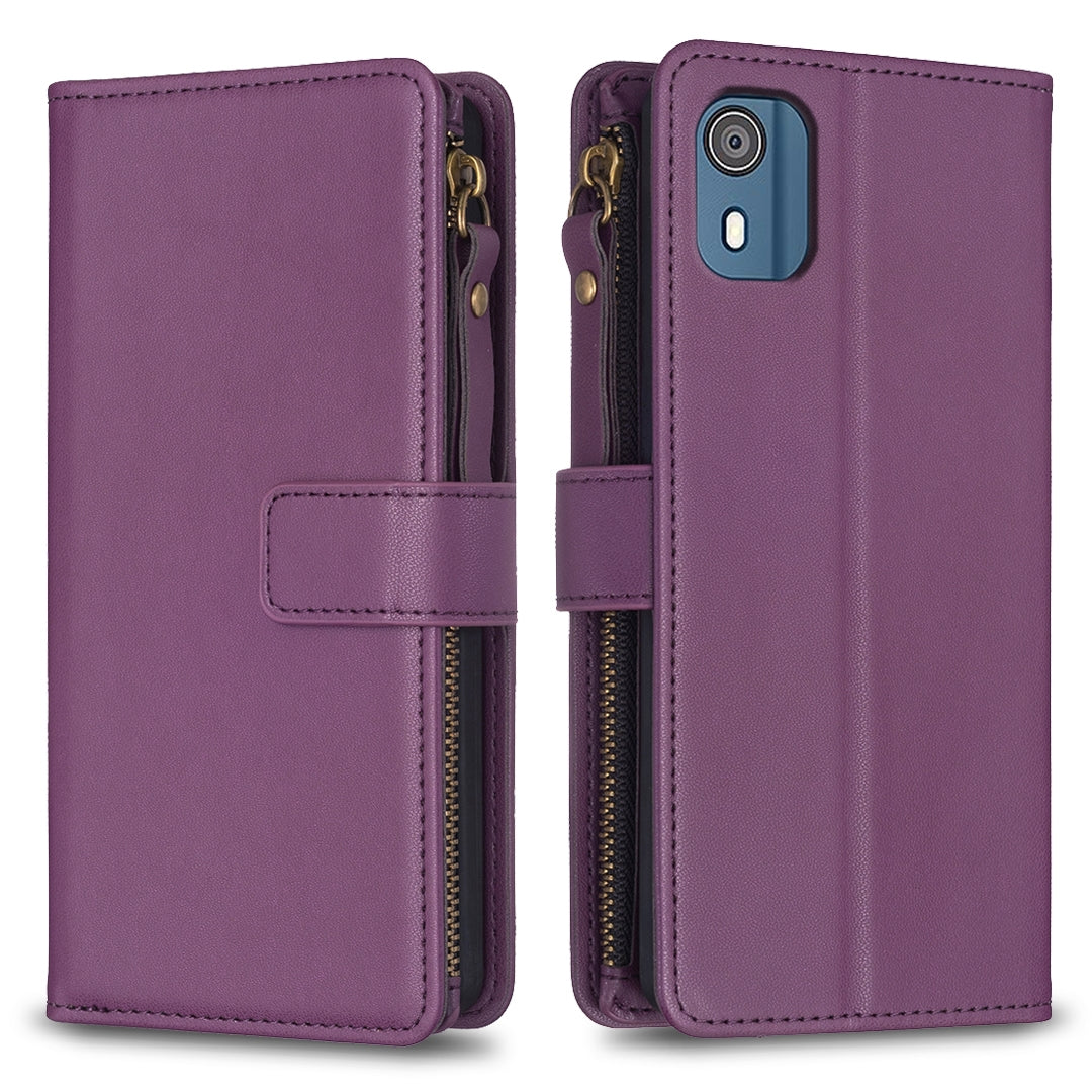 Nokia C02 Leather Flip Wallet Phone Case with 9 Card Slots, Zipper Compartment, and Adjustable Stand