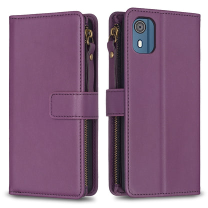 Nokia C02 Leather Flip Wallet Phone Case with 9 Card Slots, Zipper Compartment, and Adjustable Stand