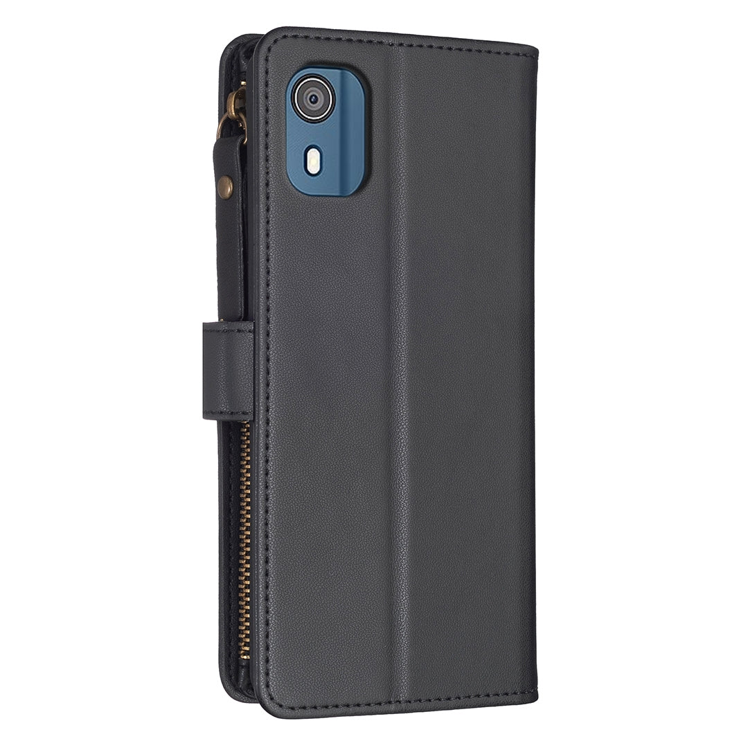 Nokia C02 Leather Flip Wallet Phone Case with 9 Card Slots, Zipper Compartment, and Adjustable Stand